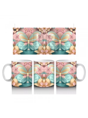 Altın Detaylı Renkli Kelebekler ve Çiçekler – Baskılı Kahve Kupası