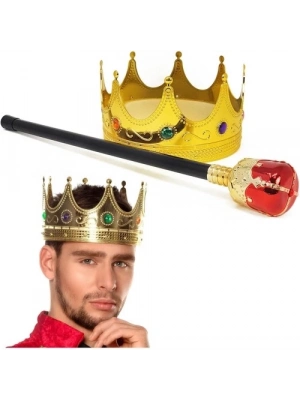 Altın Kral Tacı ve Kırmızı Topuzlu Asası Seti