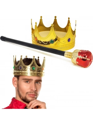 Altın Renk 60 Cm Kral Tacı Kraliyet Tacı Ve Kırmızı Topuzlu Kral Asası Seti