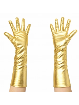 Altın Renk Dirsek Altı Lüks Saten Eldiven 40 cm