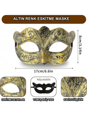 Altın Renk Eskitme Maskeli Balo Maskesi – Venedik Tarzı Parti Maskesi