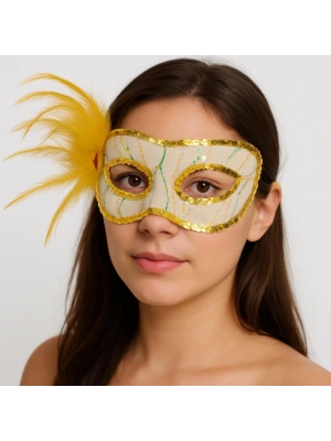 Altın Renk Yandan Tüylü Pul Payet İşlemeli Parti Maskesi 23x12 Cm