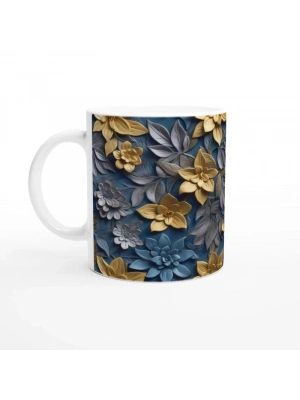 Altın Sarısı ve Mavi Rölyef Çiçek Desenli Kupa Bardak