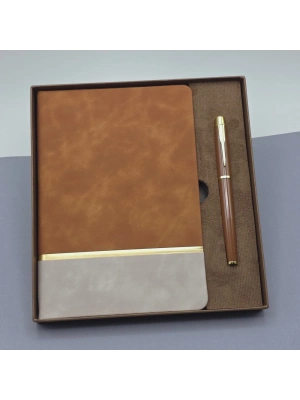 Altın Şeritli Taba Deri Defter - Kahverengi Roller Kalem - Kutulu Özel Hediye Seti