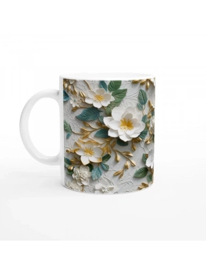 Altın ve Yeşil Yapraklı Beyaz Çiçek Desenli Kupa Bardak