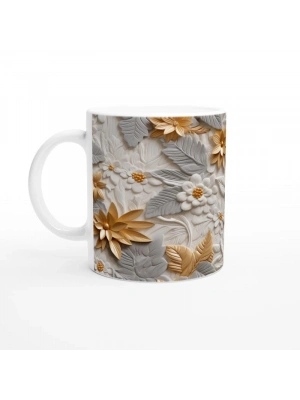 Altın Yaprak Işıltılı Çiçek Desenli Kupa Bardak