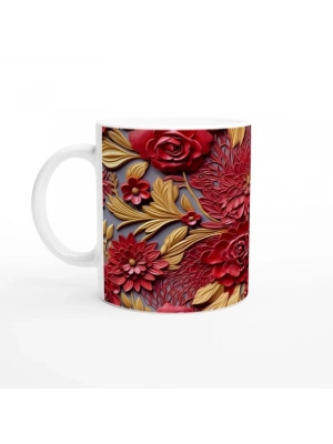 Altın Yapraklı Kırmızı Rölyef Çiçek Desenli Kupa Bardak