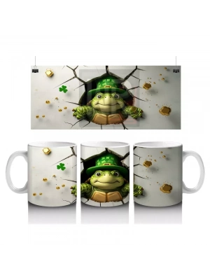 Altın Yoncalı Şapkalı Sevimli Kurbağa Figürü - Baskılı kahve kupası