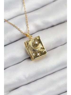 316L Çelik Zirkon Taşlı Açılabilr Kapaklı Kitap Model Gold Renk Kadın Kolye