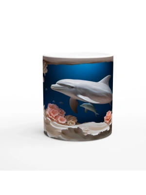 Anne ve Yavru Yunus Desenli Su Altı Temalı Kupa Bardak