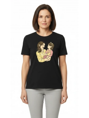 Anneler Günü Hediye Anne Kız Temalı Baskılı Oversize Bisiklet Yaka T-shirt - Siyah