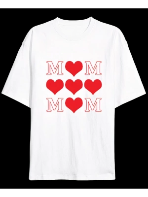 Anneler Günü Hediye MOM Kalp Baskılı Oversize Bisiklet Yaka T-shirt - Beyaz