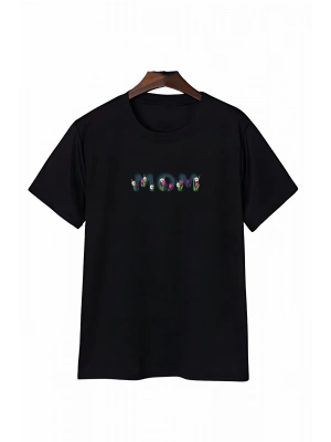 Anneler Günü Mom Çiçek Temalı Baskılı Oversize Bisiklet Yaka T-shirt - Siyah