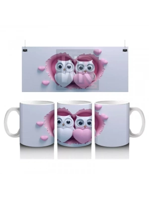 Aşık Baykuşlar Kalpli Kompozisyon – Baskılı Kahve Kupası