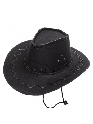 Bağcıklı Çocuk Boy Nubuk Süet Kovboy Şapkası Siyah Renk