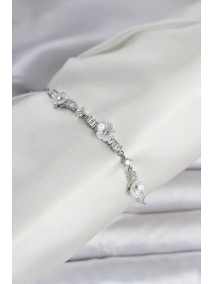 ® Baget Zirkon Taşlı Çiçek Model Gümüş Renk Asansörlü Kadın Bileklik