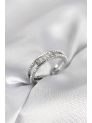 ® Baget Zirkon Taşlı Gümüş Renk İncili Kadın Yüzük