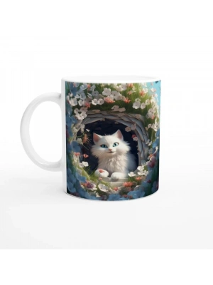 Bahar Bahçesindeki Bembeyaz Kedi Kupa Bardak