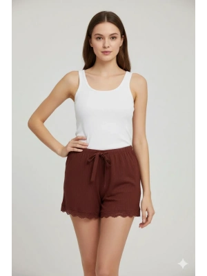 Bambu Fitilli Kadın Ev Şortu Bacak Dantel Detaylı Ev Giyim Koyu Taba