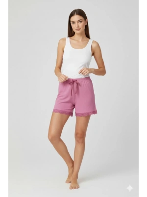 Bambu Fitilli Kadın Ev Şortu Bacak Dantel Detaylı Ev Giyim Pembe