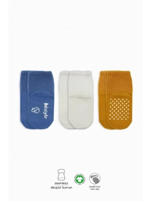 Basic Kaymaz Penye Soket Çorap 3Lü BS10106 İndigo Ekru Hardal