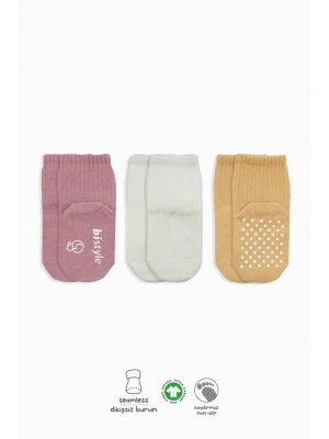 Basic Kaymaz Penye Soket Çorap 3Lü BS10106 Pudra Ekru Somon