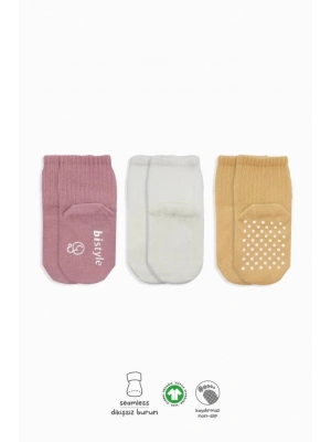 ®   Basic Kaymaz Penye Soket Çorap 3Lü BS10107 Pudra Ekru Somon