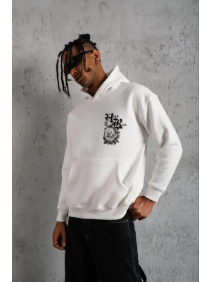 Baskılı Kapşonlu Sweat - Beyaz -