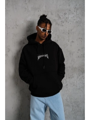 Baskılı Kapüşonlu ve Kanguru Cepli Sweat - Siyah -
