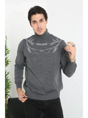 Baskılı Tam Boğazlı Uzun Kol Dokuma Triko - Antrasit