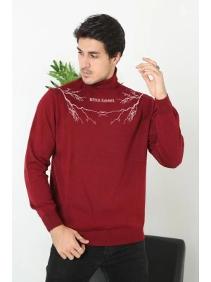 Baskılı Tam Boğazlı Uzun Kol Dokuma Triko - Bordo