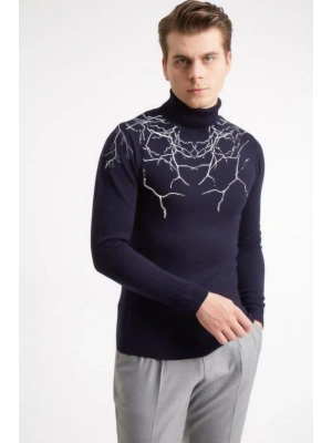 Baskılı Tam Boğazlı Uzun Kol Dokuma Triko - Lacivert