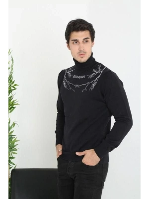 Baskılı Tam Boğazlı Uzun Kol Dokuma Triko - Siyah