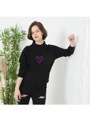 Baskılı Uzun Kol Bisiklet Yaka Dokuma Triko - Siyah -