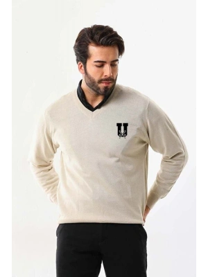 Baskılı V Yaka Uzun Kol Dokuma Triko - Bej -