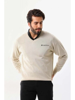 Baskılı V Yaka Uzun Kol Dokuma Triko - Bej -