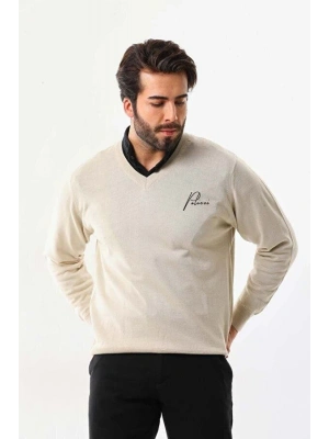 Baskılı V Yaka Uzun Kol Dokuma Triko - Bej -