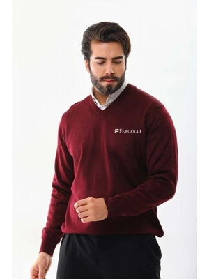 Baskılı V Yaka Uzun Kol Dokuma Triko - Bordo