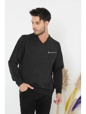 Baskılı V Yaka Uzun Kol Dokuma Triko - Füme -