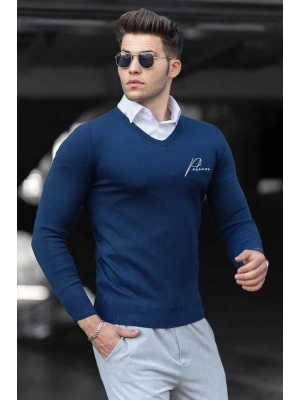 Baskılı V Yaka Uzun Kol Dokuma Triko - Indigo -