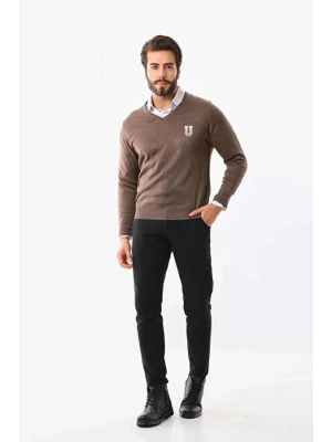 Baskılı V Yaka Uzun Kol Dokuma Triko - Kahve -