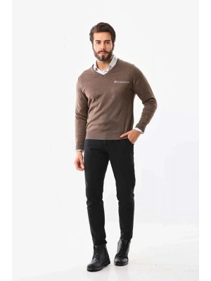 Baskılı V Yaka Uzun Kol Dokuma Triko - Kahve -