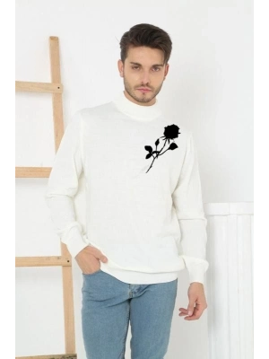 Baskılı Yarım Boğazlı Uzun Kol Dokuma Triko - Beyaz