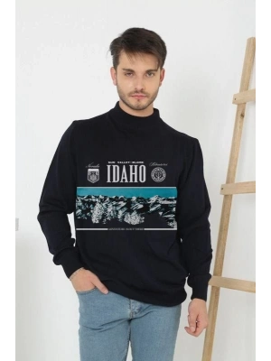 Baskılı Yarım Boğazlı Uzun Kol Dokuma Triko - Siyah