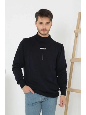 Baskılı Yarım Boğazlı Uzun Kol Dokuma Triko - Siyah -