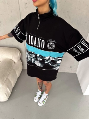 Baskılı Yarım Fermuarlı T-Shirt - Siyah -