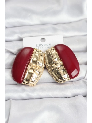 Bordo Renk Pirinç Vintage Kadın Küpe