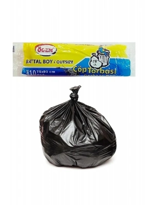 Battal Boy Çöp Torbası 75 x 90 cm 10 Lu Rulo x 1 Paket = 10 Adet (Siyah)