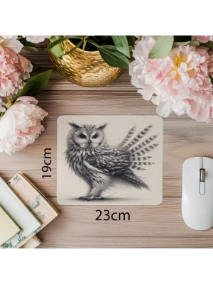 Baykuş Figürlü Karakalem Mousepad – Doğal Doku - 19x23 cm 2 mm Dikdörtgen İthal Baskılı Mouse Pad