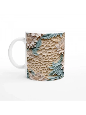 Bej Doku Üzerine Nane Yeşili Yapraklı Rölyef Çiçekli Kupa Bardak